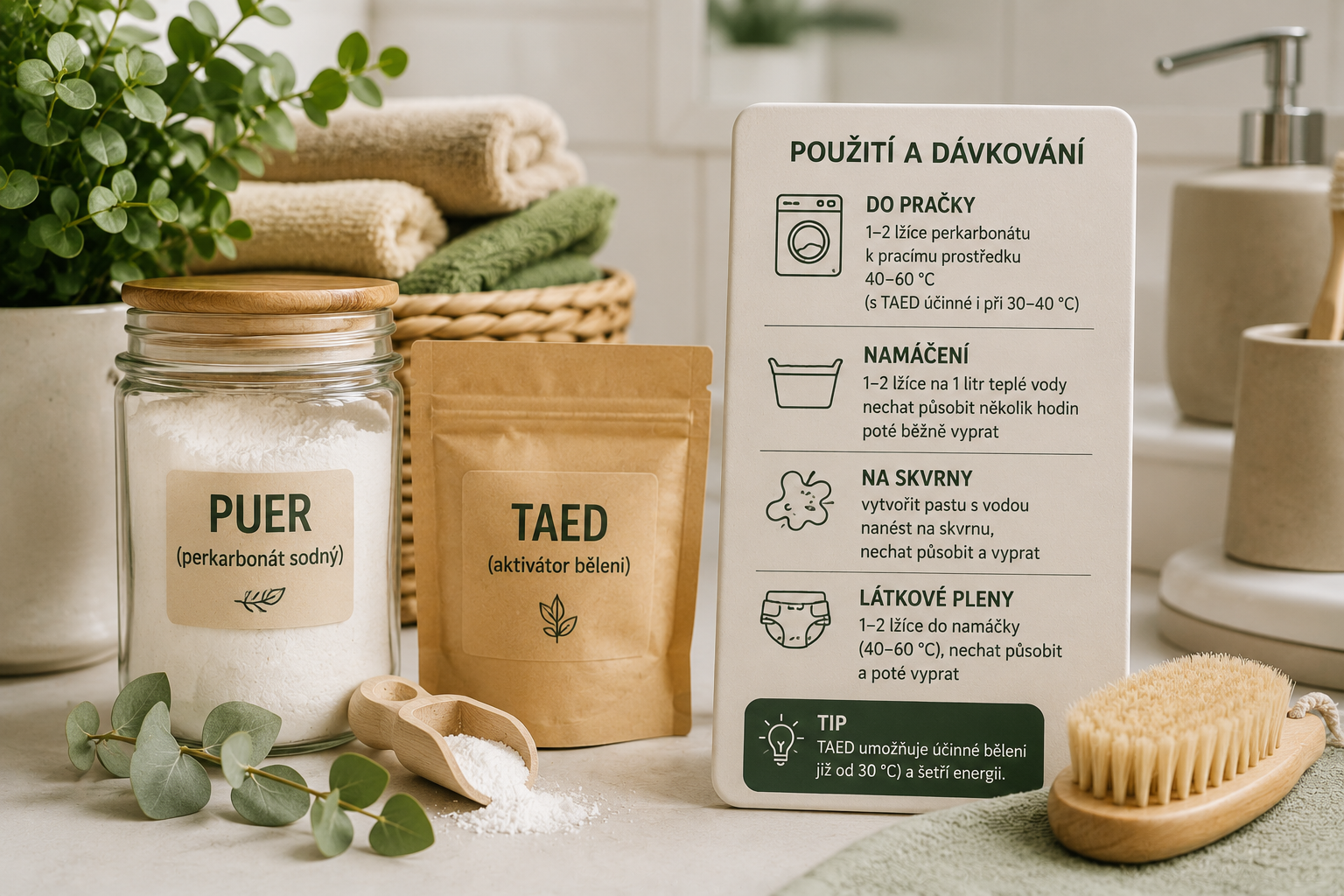 Perkarbonát sodný (PUER) a TAED ze zlínského Bezobaláče v koupelně udržitelně zařízené domácnosti s tipy na ekologické bělení, dávkování a použití při praní prádla a látkových plen.